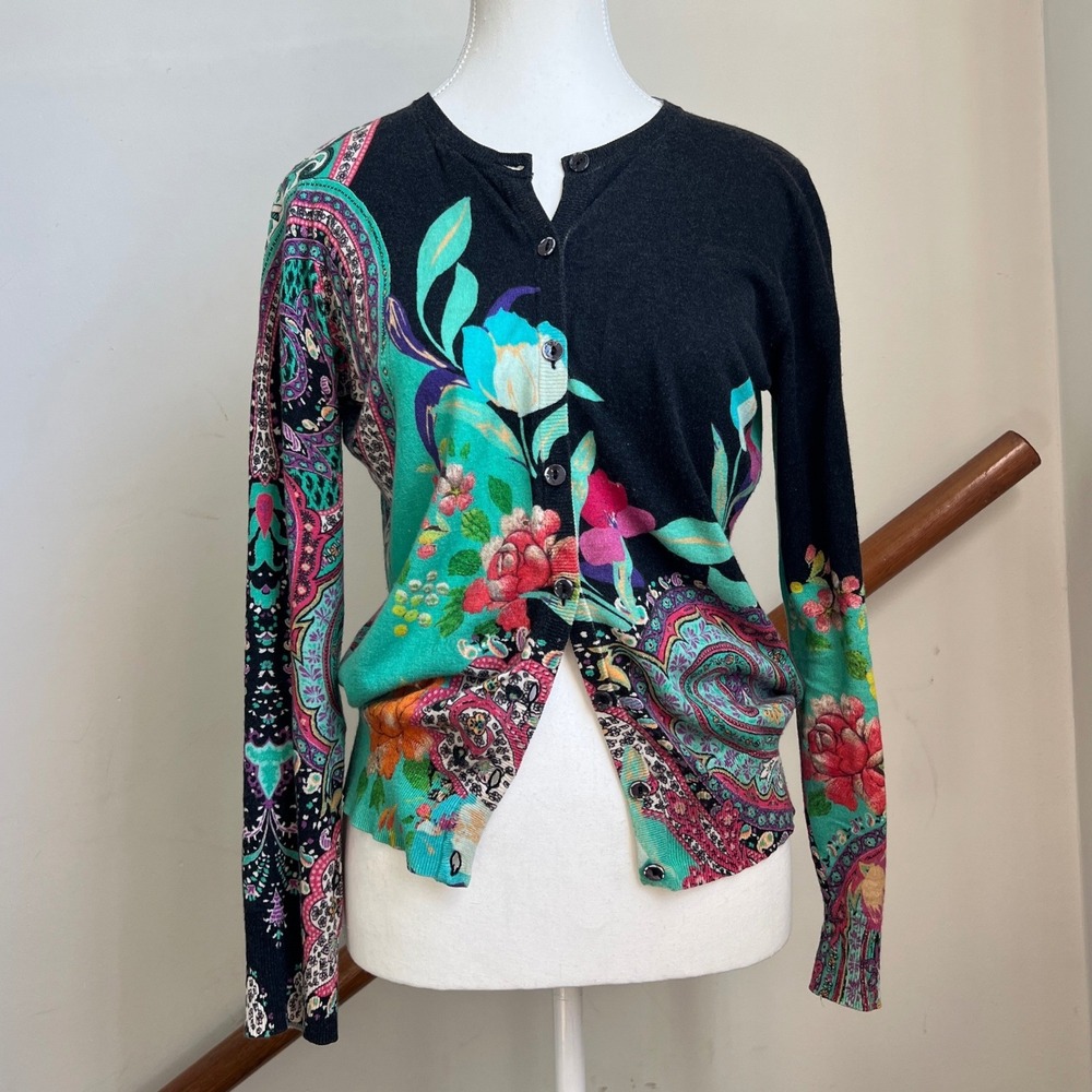 Etro Cardigan 44 Black Silk Cashmere Paisley Floral Print Knit Sweater Italy Y2K